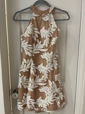 DO+BE Tan Mini Dress with White Floral Appliqué